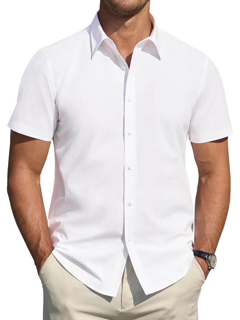 2025 Men's Summer Short-Sleeve Solid Color Cardigan Casual Formal Shirt