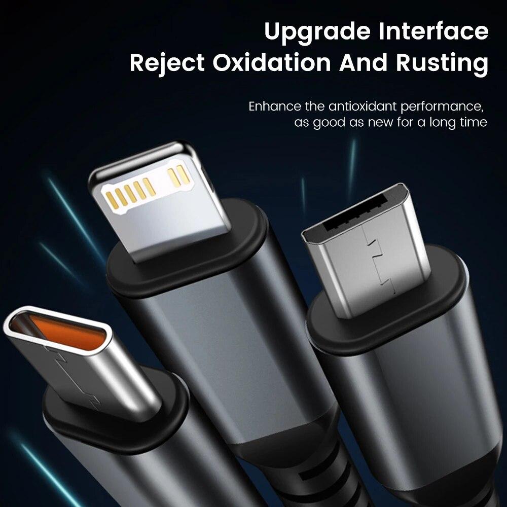 100W Fast Charging Cable with USB Type C, Micro USB, and Lightning Compatibility - 1.2M/2M Length, Transparent Chip, Night Light Feature