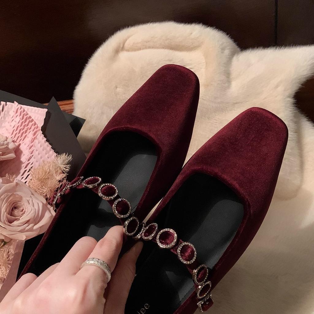 Sheepskin version~ French temperament rhinestone word with suede Mary Jane shoes square head ballet shoes shallow mouth flats