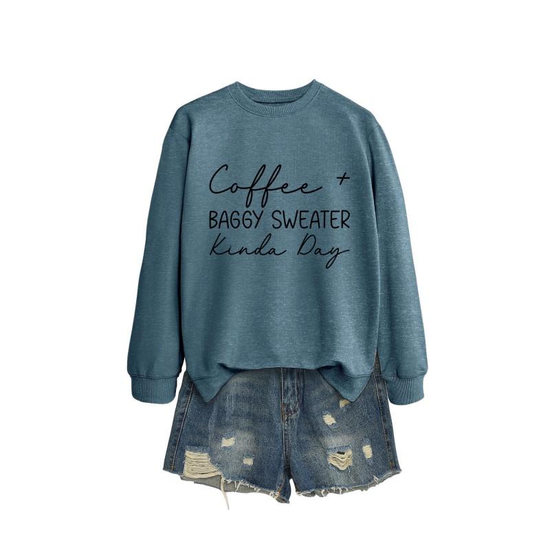 Womens Oversized Round Neck Long Sleeve Cotton Blend Casual Sweatshirt With Print - Loose Fit Comfort Top