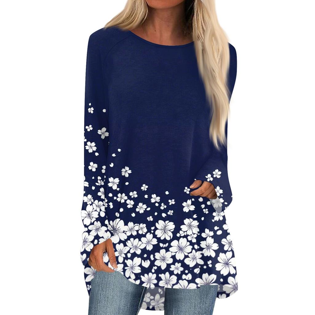 Women's Fashion Casual Long Sleeve Print Round Neck Pullover Top Blouse