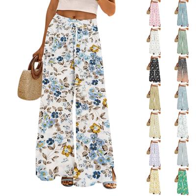 Women's Printed Wide Leg Pants With Pockets High Waist Drawstring Loose Casual Pants