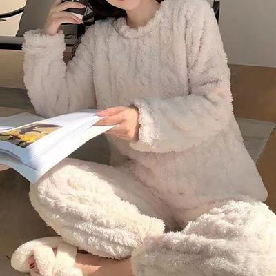 Autumn Women Cozy 2 Piece Sets Soft Thick Velvet Fleece Pullover and Pants Casual Warm Pajama Sets