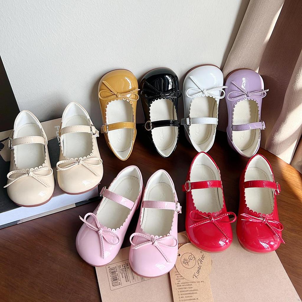 Girls' Princess Bow Patent Leather Shoes - Shiny, Low-Cut, Magic Tape, Japanese Style for Spring and Autumn