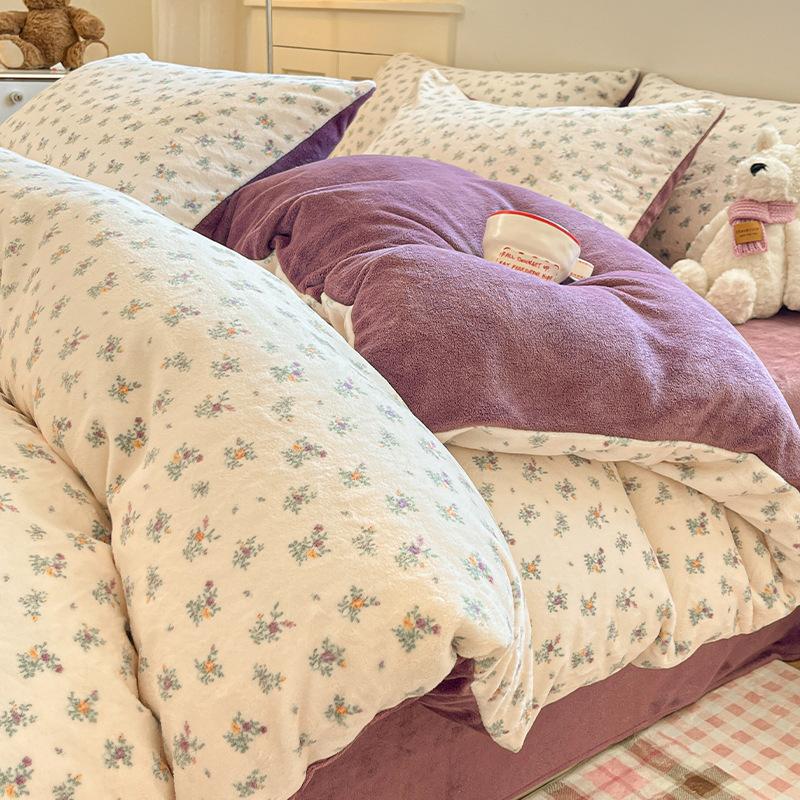 Thickened Milk Fleece Four-Piece Set, Coral Fleece Bed Sheet Quilt Cover, Fleece Three-Piece Set, Bedding.
