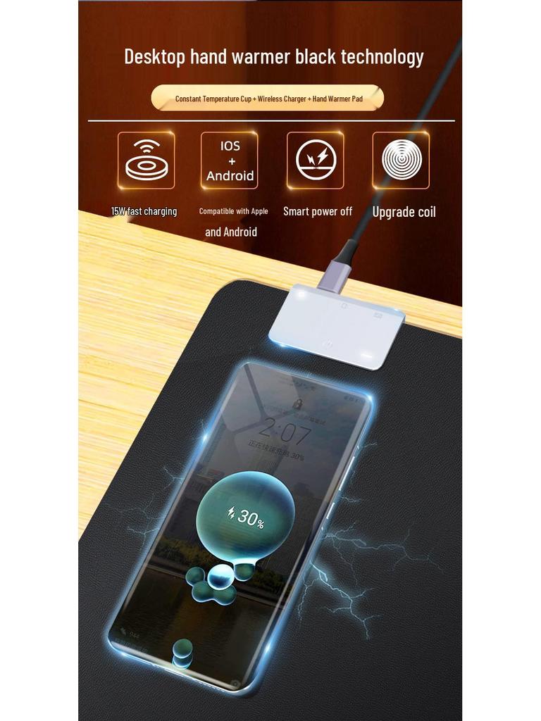 Intelligente 3-in-1 Wireless-Lade-Schreibtischmatte: 15W Ladegerät, Beheiztes Mauspadd, mit Tasse mit konstanter Temperatur.