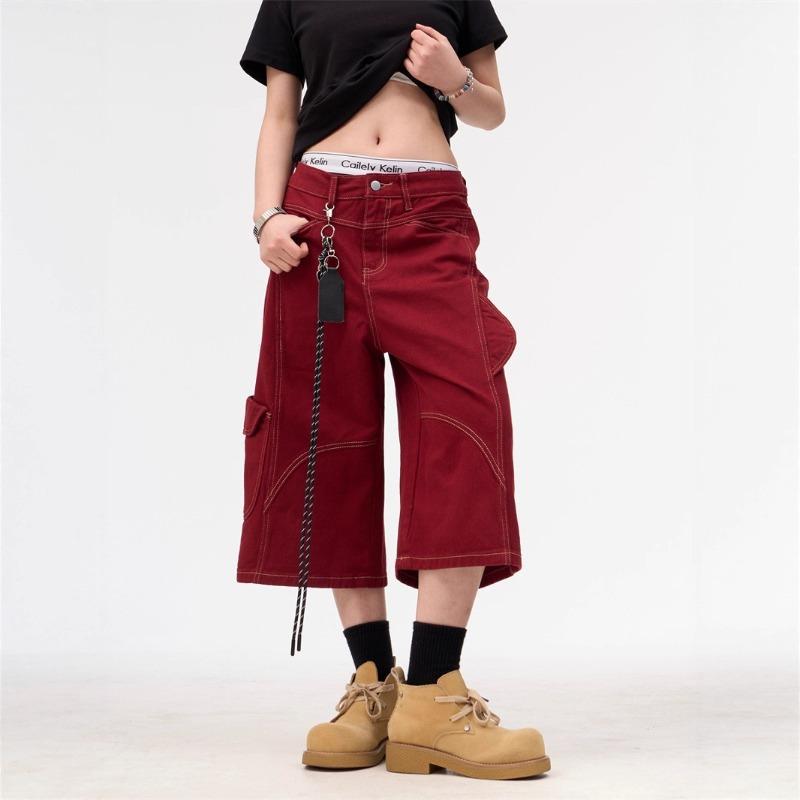 Multi-pocket tooling denim shorts summer deconstruction bright pants design sense wide-leg medium pants men and women