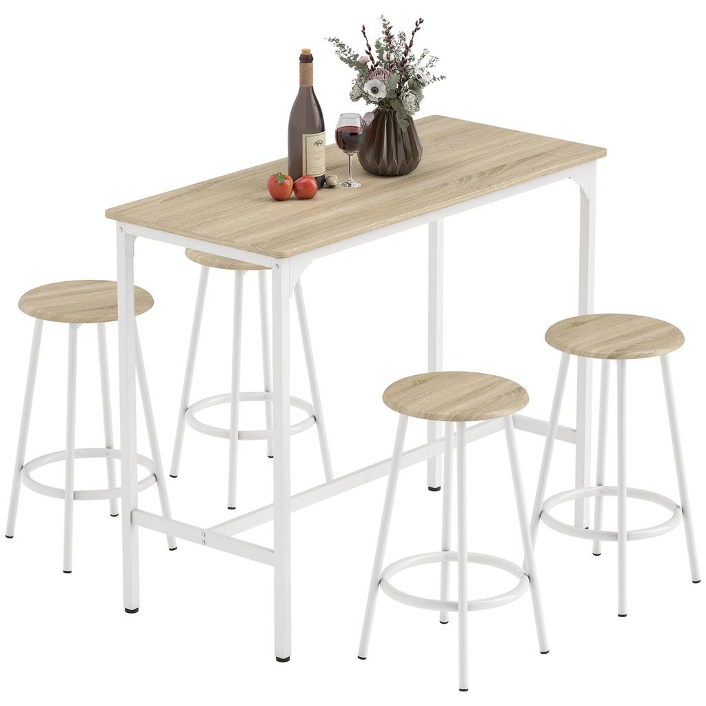 5 Piece Bar Table Set for 4 with Stools, Metal Frame, Footrest for Kitchen Natural Wood