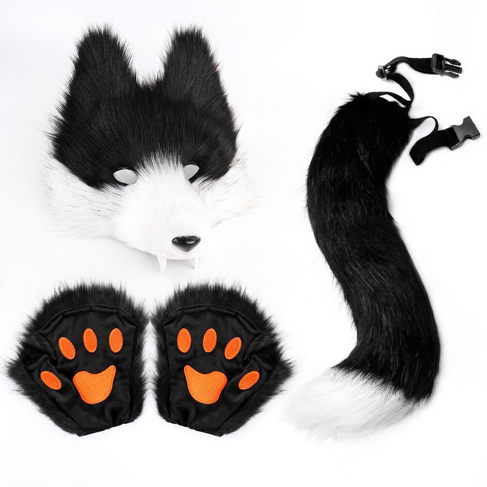 Halloween Wolf Mask Plush Tail Accessory Kit Simulation Animal Roleplay Costume Props Party Masquerade Decoration Set