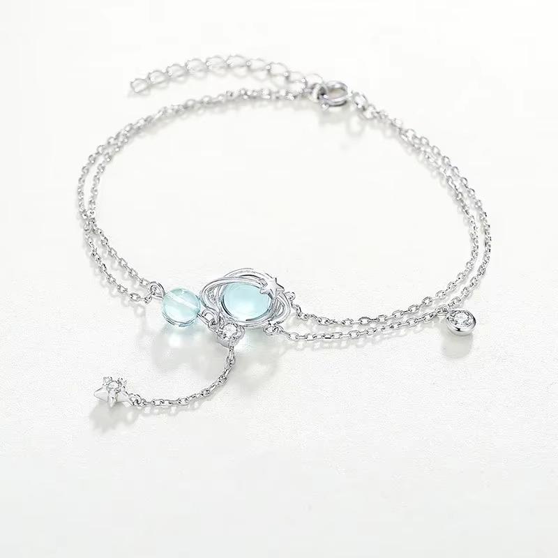 925 Silver 19CM Double Bracelet Aquamarine Crystal Encrusted Bracelet Elegant Feminine Trend Jewelry