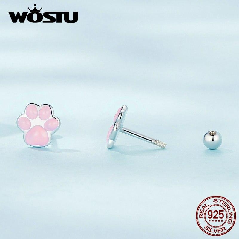 WOSTU 925 Sterling Silver Lovely Pink Cat Ear Hoop Earrings For Women Mini Cute Pet Paw Studs Clips Girl Birthday Jewelry Gift