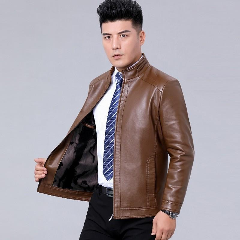 Mens Faux Leather Jacket Stand Collar Zip-Up Warm Thick Winter Business Casual Outerwear