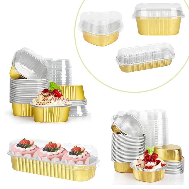 Mini Cake Pans with Lids Aluminum Foil Baking Cups Disposable Paper Cups Kitchen Brownie Pudding Dessert Muffin Cup Holders