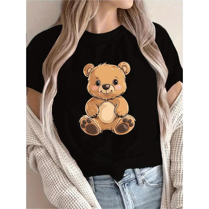 Camiseta Amarela Fofa com Estampa de Urso para Mulheres - Tamanho Europeu, Casual e Pronta para Férias, Manga Curta, Gola Redonda, Primavera/Verão, Adorável Design de Urso de Pelúcia