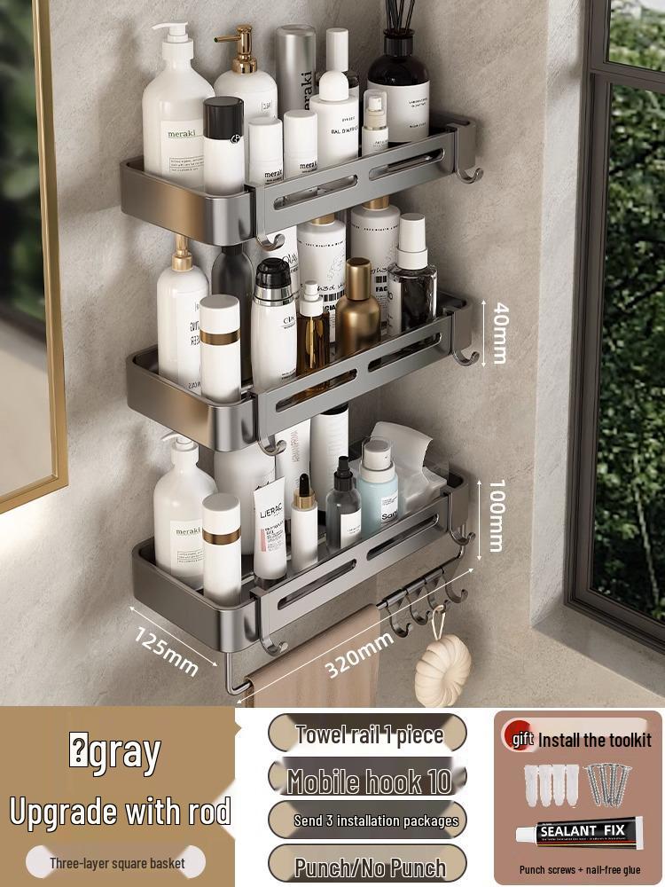 Gun Gray Punch-Free Wall-Mounted Bathroom Corner Shower Shelf