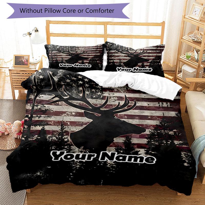 3PC Custom Name American Deer Flag Bedding Set Duvet Cover Closure Includes 1 Duvet Cover & 2 Pillowcases for Bedroom