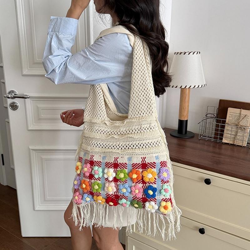 Fashion Crochet Knit Shoulder Tote Bag with Colorful Flower Tassel Womens Shoulder Bag for Vacation Shopping and Daily Outing Ladies' Holiday Gifts