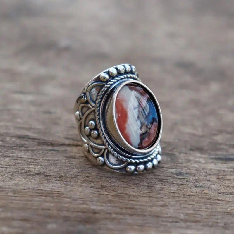 Vintage Wide Faced Artificial Stone Ring Women's Silver Türkiye Wedding Jewelry