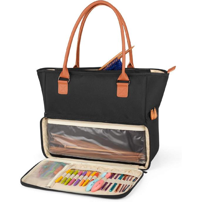 Сумка-тоут Yarwo для вязания с карманами для текущих проектов, Органайзер для хранения пряжи для спиц для вязания 14 дюймов, Клубков пряжи и крючков для вязания крючком, Черный