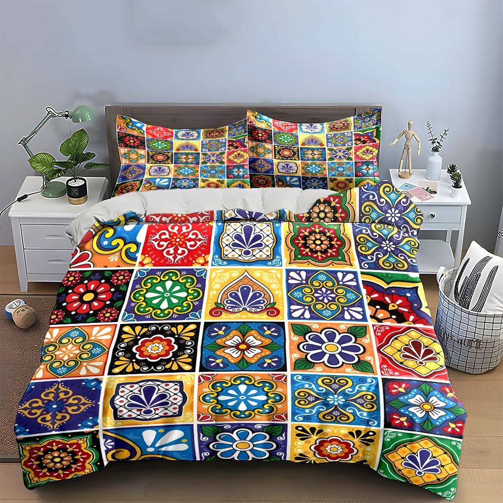 Colorful Tile Pattern Decor Set Multiple Sizes Kid'S And Adults' Bedroom Exquisite 3Pc Bedding Set, Gift