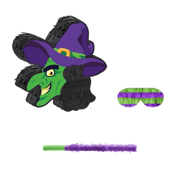 

Пиньята Ведьма на Хэллоуин Жуткая пиньята в виде головы ведьмы с палкой и повязкой на глаза для тематических вечеринок и мероприятий на Хэллоуин чёрный