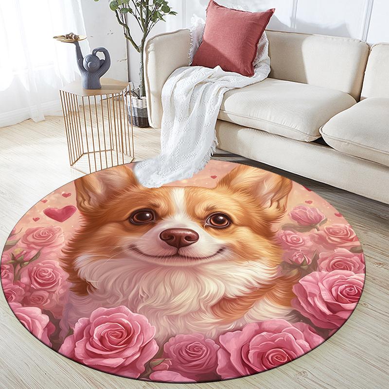 Pink Corgi pattern round rug,Carpet Rug for Living Room Bedroom  Playroom ,Non-slip Floor Mat,Holiday Gifts and Birthday Gifts.