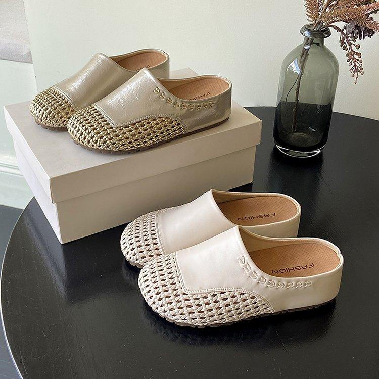 Thick-soled Bag Head Half Slippers Women's Summer Outer Wear 2025 New Inner Height Increase Hollow Weaving Women's Lazy Shoes with One Foot