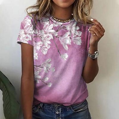 Women's Floral Print T-Shirt Crew Neck Basic Short Sleeve Top Floral Themed Painting T-Shirt Green Blue Pink/3D Printing
