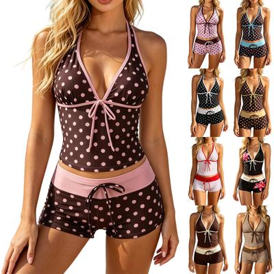 Damen Polka Dot Bikini Set Zweiteilige Badebekleidung Neckholder Oberteil und High Waist Shorts Strand Badeanzug