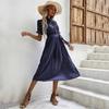 Women's Casual Crew Neck Polka Dot Printed Pleated Dress Short Long Sleeve Tie Spring Summer Mediumn