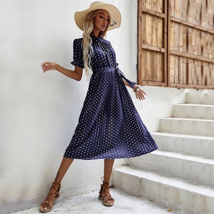 Women's Casual Crew Neck Polka Dot Printed Pleated Dress Short Long Sleeve Tie Spring Summer Mediumn