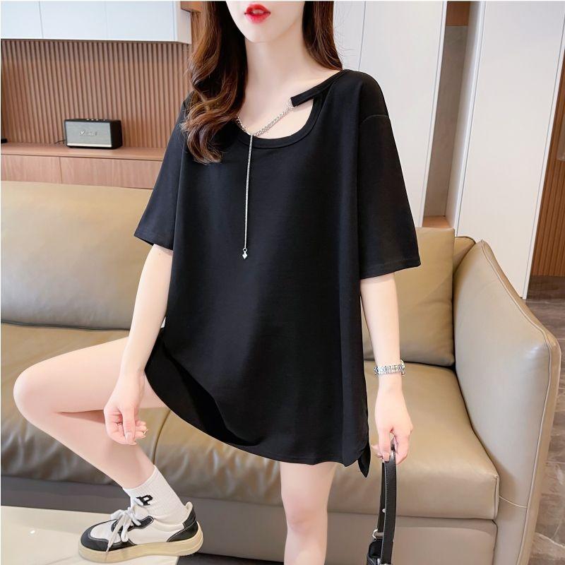 Front Shoulder T-shirt for Women Short-sleeved Korean Style Loose Slim U-neck Summer Top Design Niche Ins Sweet Spicy