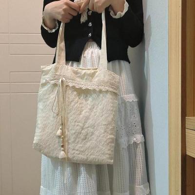 Harajuku Beige Canvas Shoulder Bags Women Vintage Lace Large Capcity Tote Bag Purse Female Versatile Casual Handbag