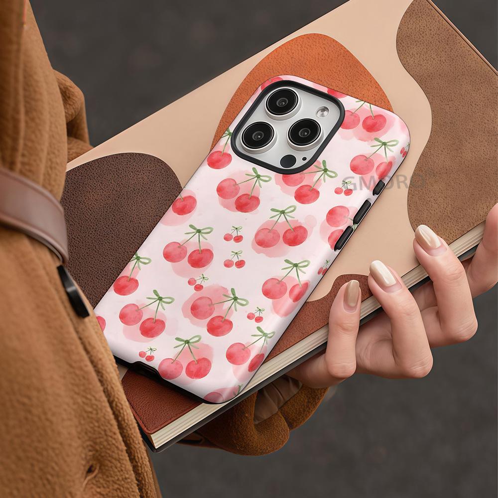 Explosive fresh and sweet cherry with magnetic suction iPhone16promax mobile phone case double-layer anti-drop protective case