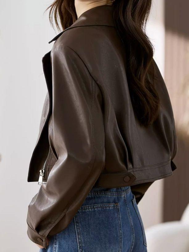 2025 Autumn Women's Petite Slimming Leather Jacket with Versatile Lapel Design