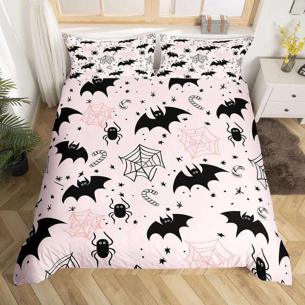 Fledermausdruck Bettbezug Twin Queen Halloween Bettwäsche-Set für Jungen Mädchen Kinder Regenbogen Bettdeckenbezug Farbverlauf Stil Raumdeko
