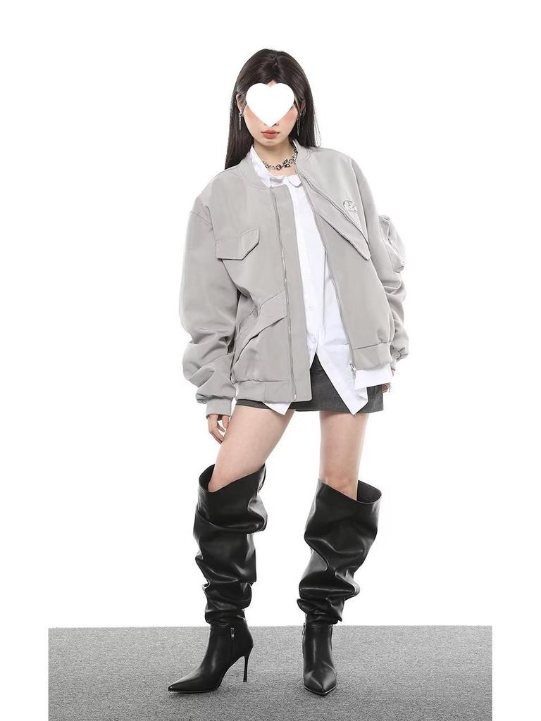 Women's Spring/Autumn 2025 Grey-Black Zipper Baseball Flight Jacket