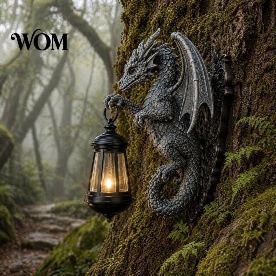 Outdoor Solar Lamp Dragon Wall Light, Vintage Resin Sculpture Lamp, Hanging Lantern Waterproof Gothic Garden for Fence Yard, Halloween Decor