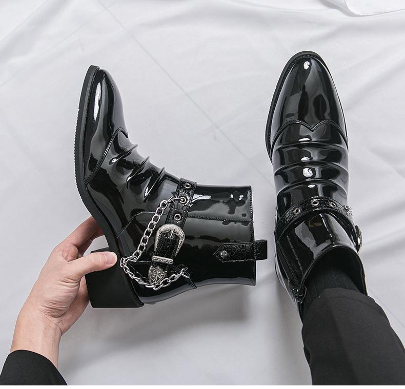 Chelsea Martin Men's High-Top Patent Leather Boots with Pointed Toe, British Style, Zipper, and Height Increasing Feature for Autumn/Winter.