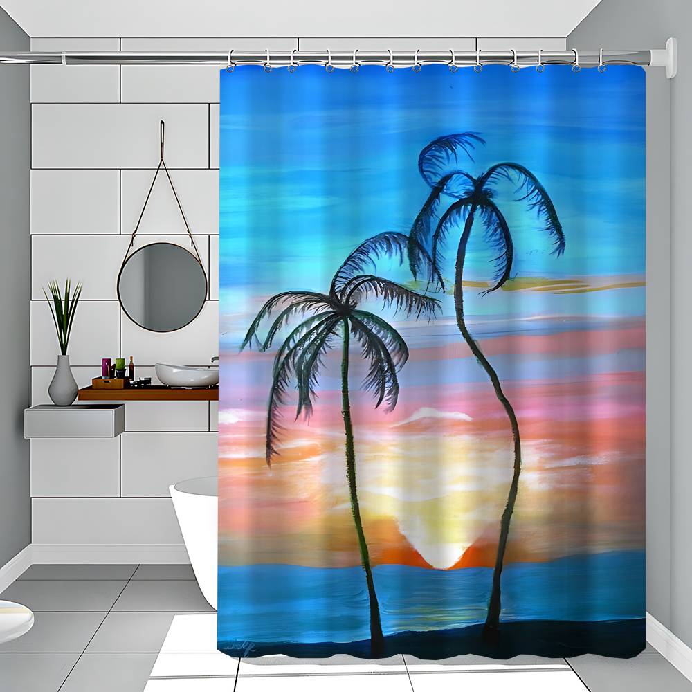 Beach Scenery Shower Curtain Bath Curtain Print Polyester Fabric Waterproof Bathroom Curtains With Hooks Bath Screen