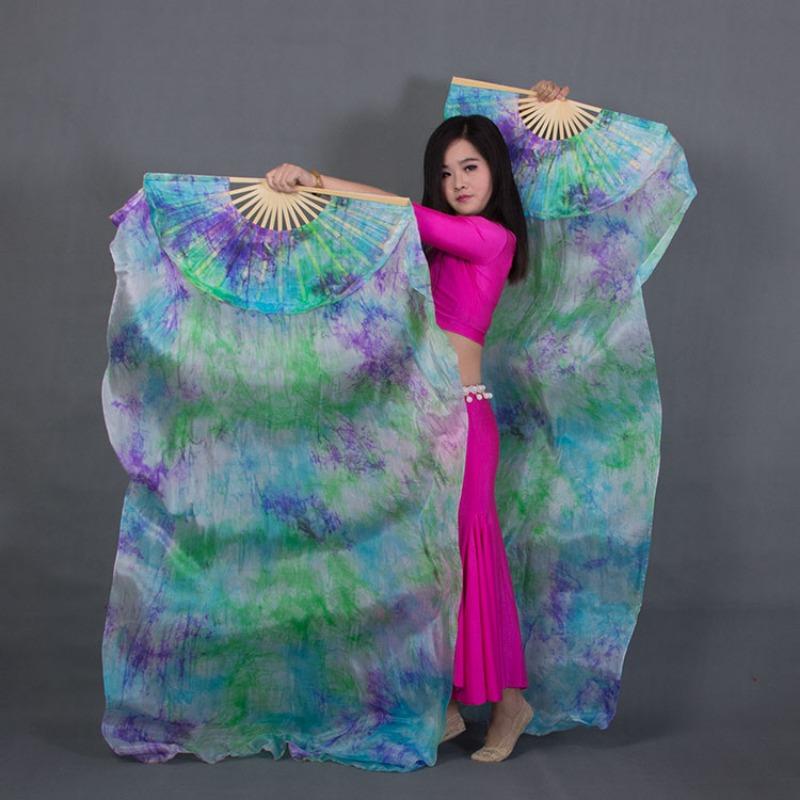 1pair/2pcs Real Silk Belly Dance Veil Fans Bamboo Handmade Tie-dye 150cm/180cm Performance Long Fan BellyDance Fan Veil