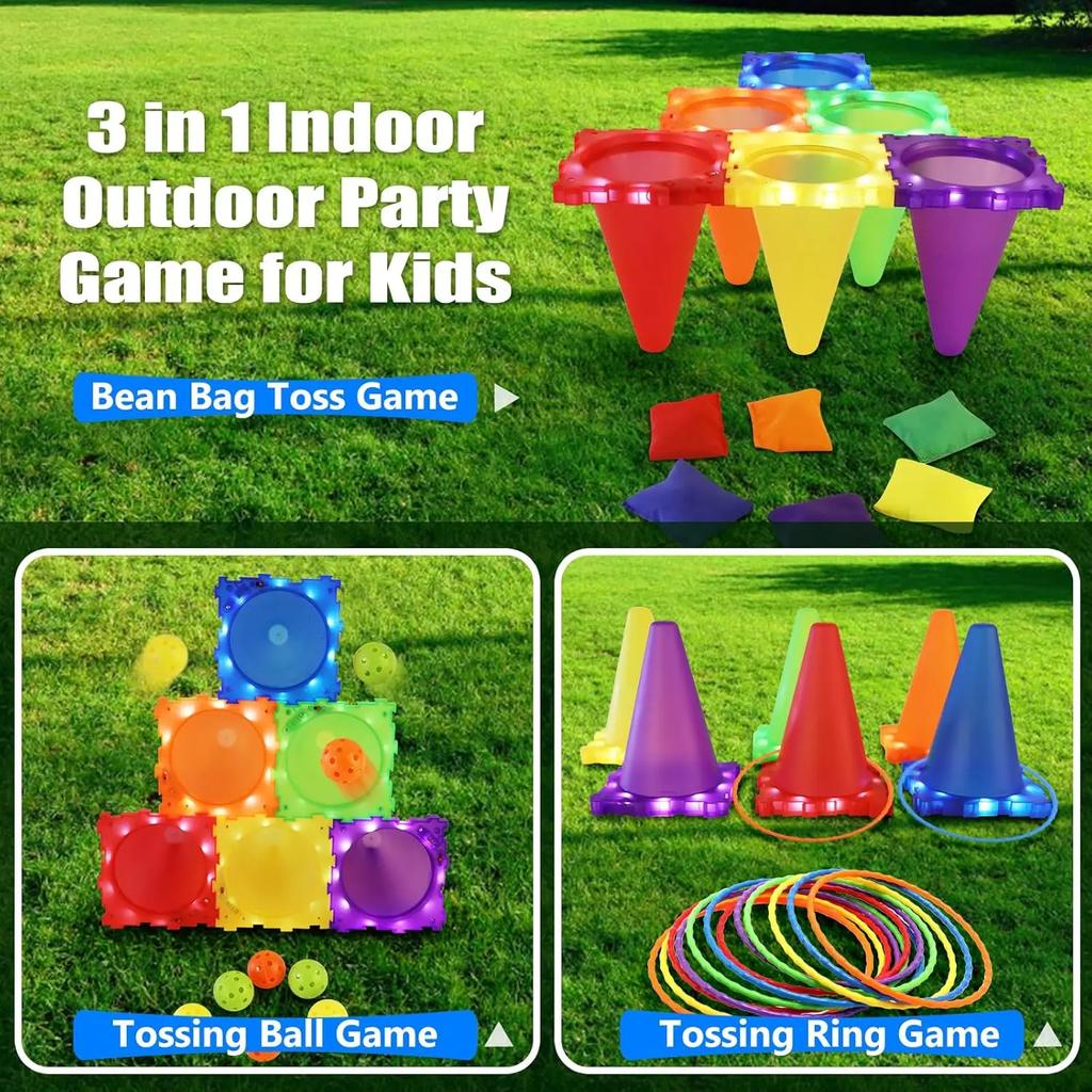 3 In 1 Ball & Ring & Bean Bag Cones Toss Game Play Set with Light Multiple Throwing Target Models Outdoor Family Yard Party Game