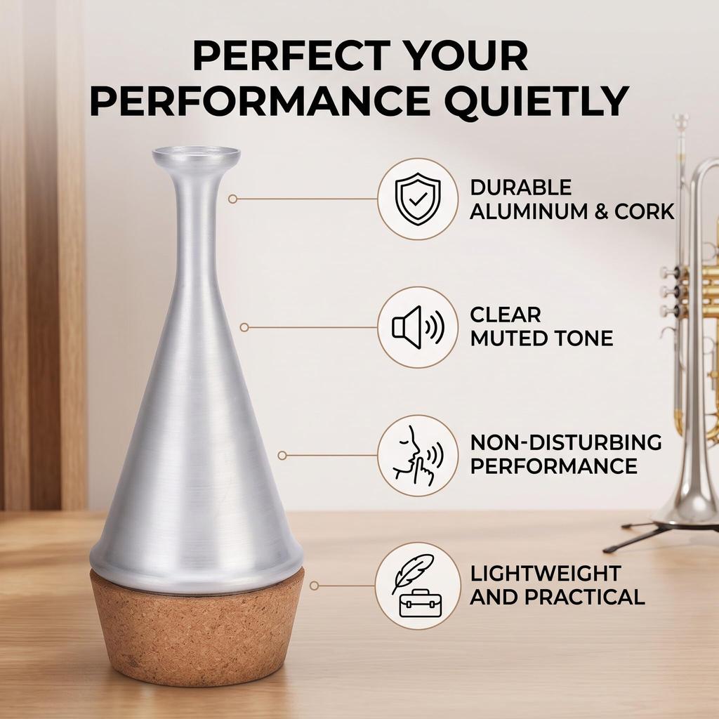 Jiawu Trumpet Mute, Lightweight Trumpet Practice Mute with No Interruption, Sound-Dampening Muffler with Aluminum Alloy Cork Strip, for Home