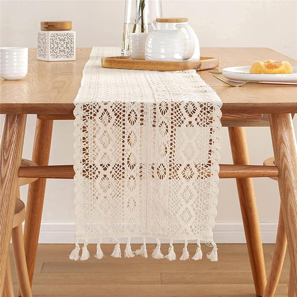 

Cotton Thread Idyllic Table Runner Knitting Hollow Tassel Tablecloth Table Decoration Supplies 24x180cm