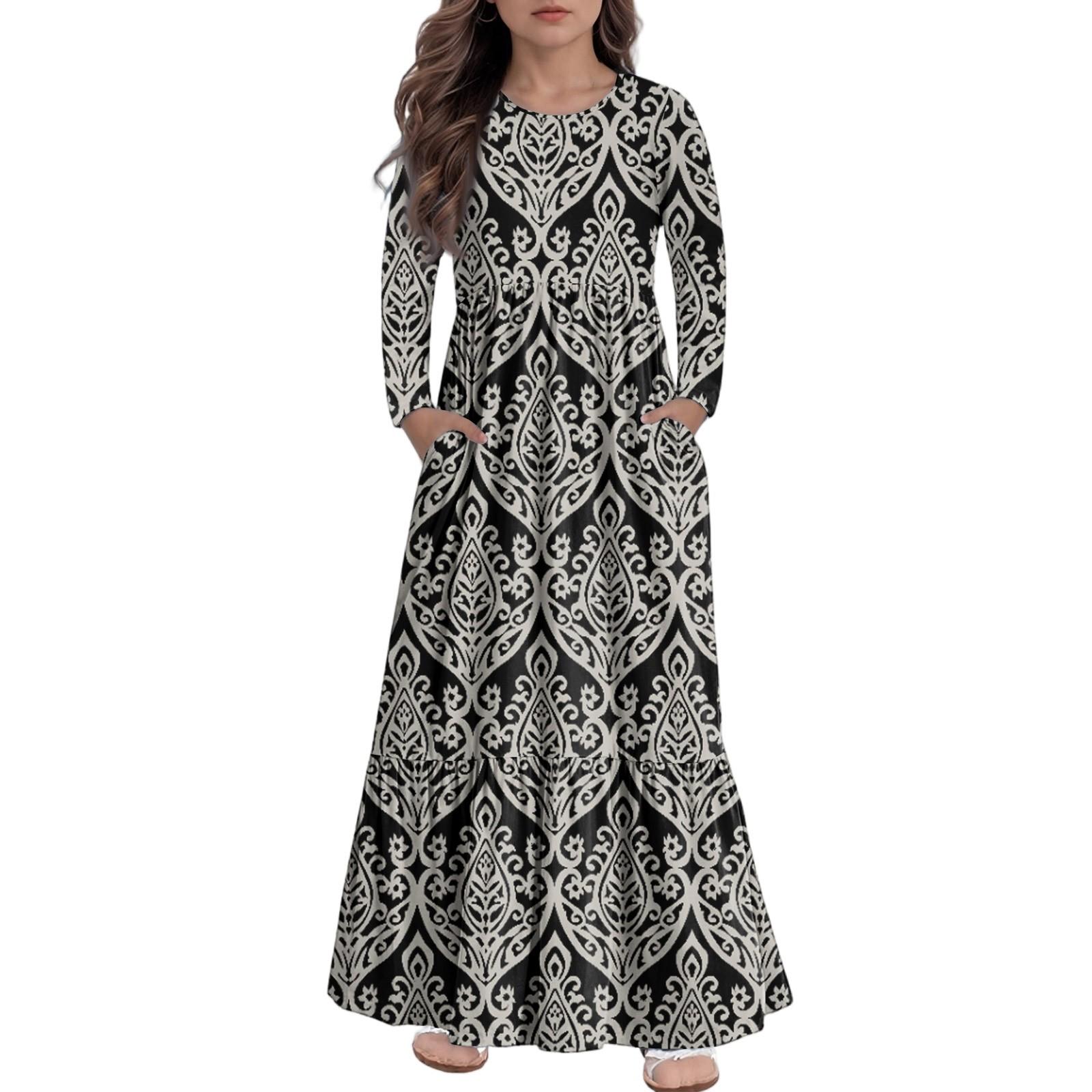 

Макси-платье для девочек, повседневные праздничные платья - платье с длинным рукавом и карманами для 4-14 лет 140