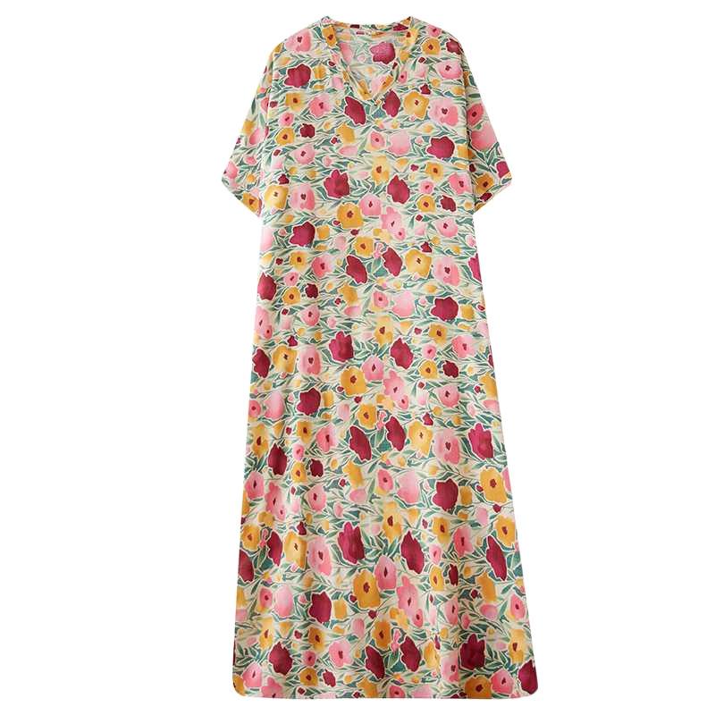 Real Shot Summer Color Vacation Style Travel  Retro Long Dress Covering Meat Cotton and Linen Dress