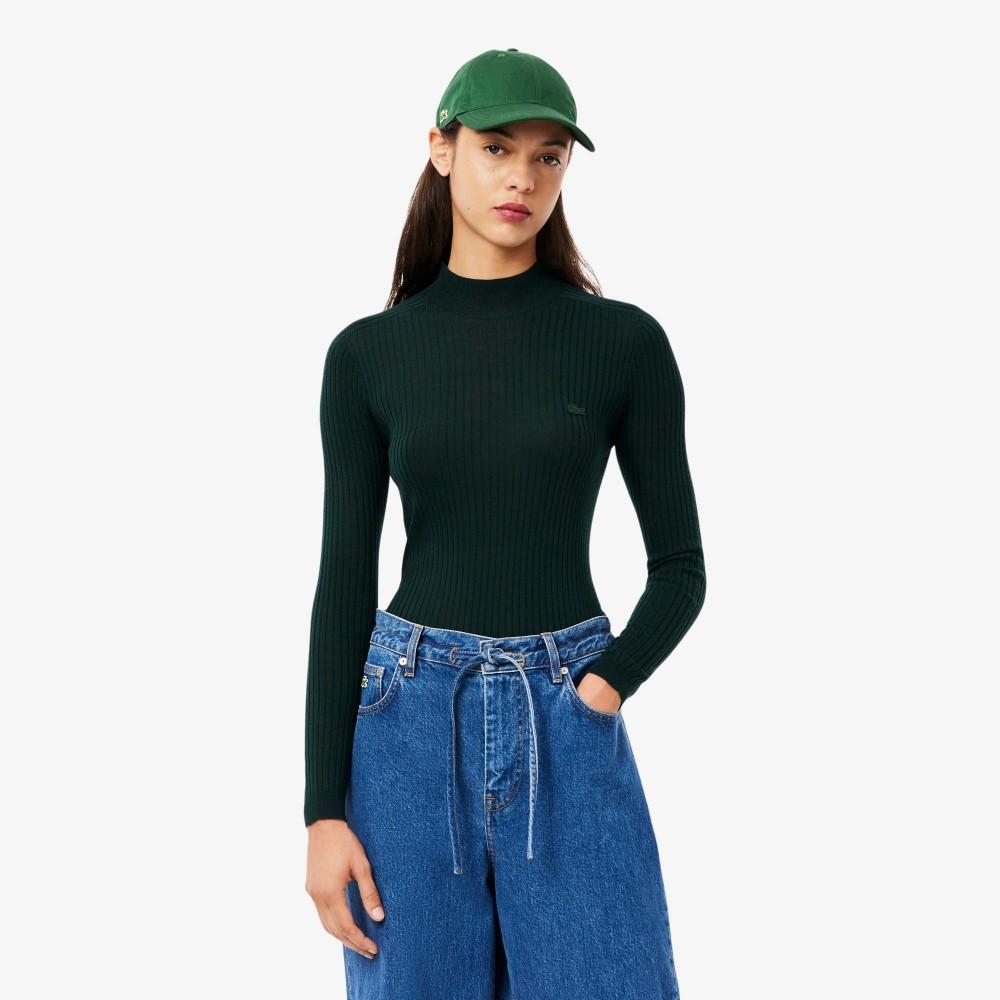 [Lacoste] Women s Rib Knit Merino Wool Mock Neck Sweater AF4189-55NYZP 34