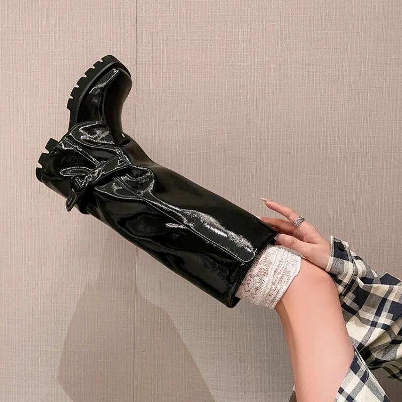 Fashion Elegant Black Belt Buckle Straight Tube Knee High Skirt Boots Women's Autumn Winter Fashion 5cm Thick Heel Western Long Boots