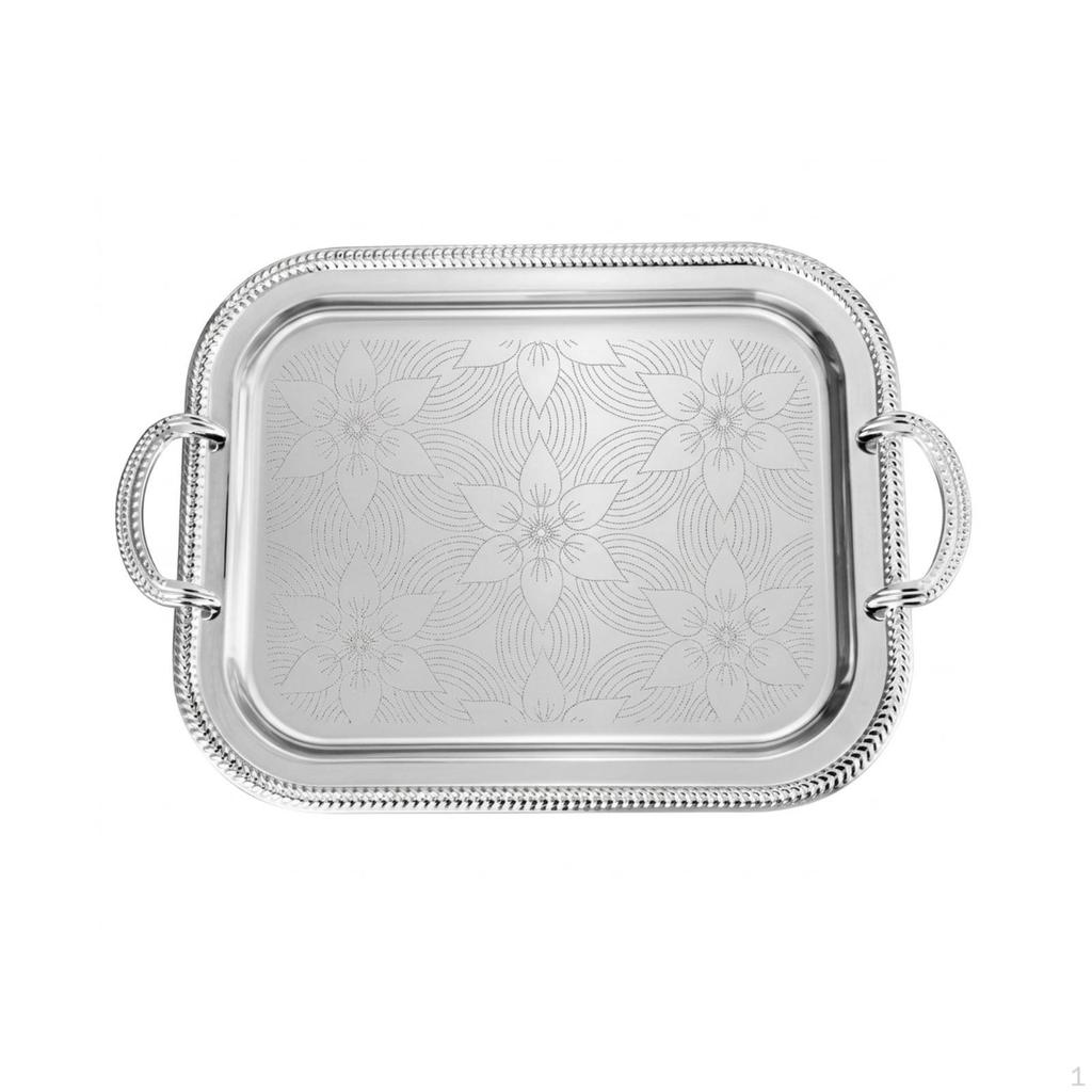 Silver-Toned Serving Tray with Handles Engraved Metal Decorative