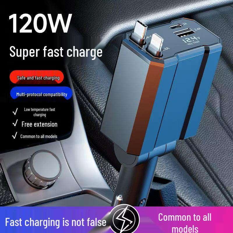 Retractable Four-in-One Car Charger with Starry Sky Light & Alloy Finish for Apple & Huawei